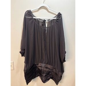 Kaelyn Max II‎ Brown Sheer Pleated Satin Trim Tunic Blouse Plus Size 3X Tie Back